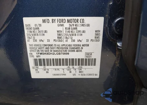 2020 Ford Explorer Xlt из США, поврежденный, VIN 1FMSK8DH2LGB70899